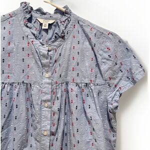 Crown & Ivy Blue Cotton Button Front Short Cap Sleeve Top Sz XS Ruffle Mock Neck